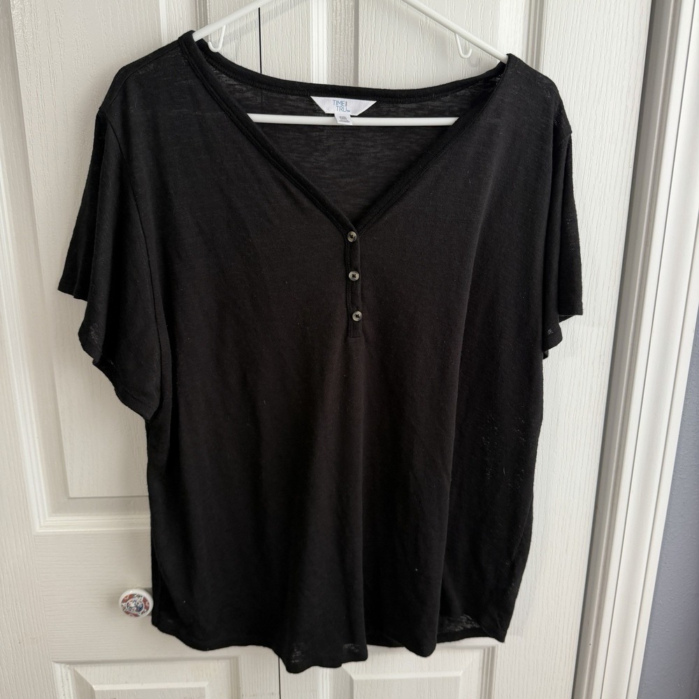 Time & Tru Black V Neck Short Sleeve Top Women's Size XXL Office Travel Boho